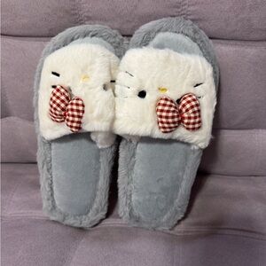 Cute Gray and White Slippers with Red Bow